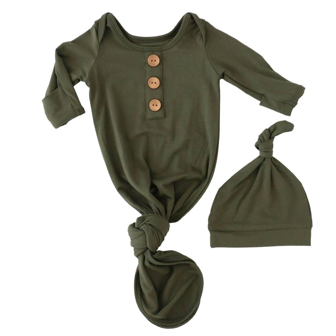 Solid Olive Bamboo Baby Knot Gown & Hat: Newborn / 7-14lbs+