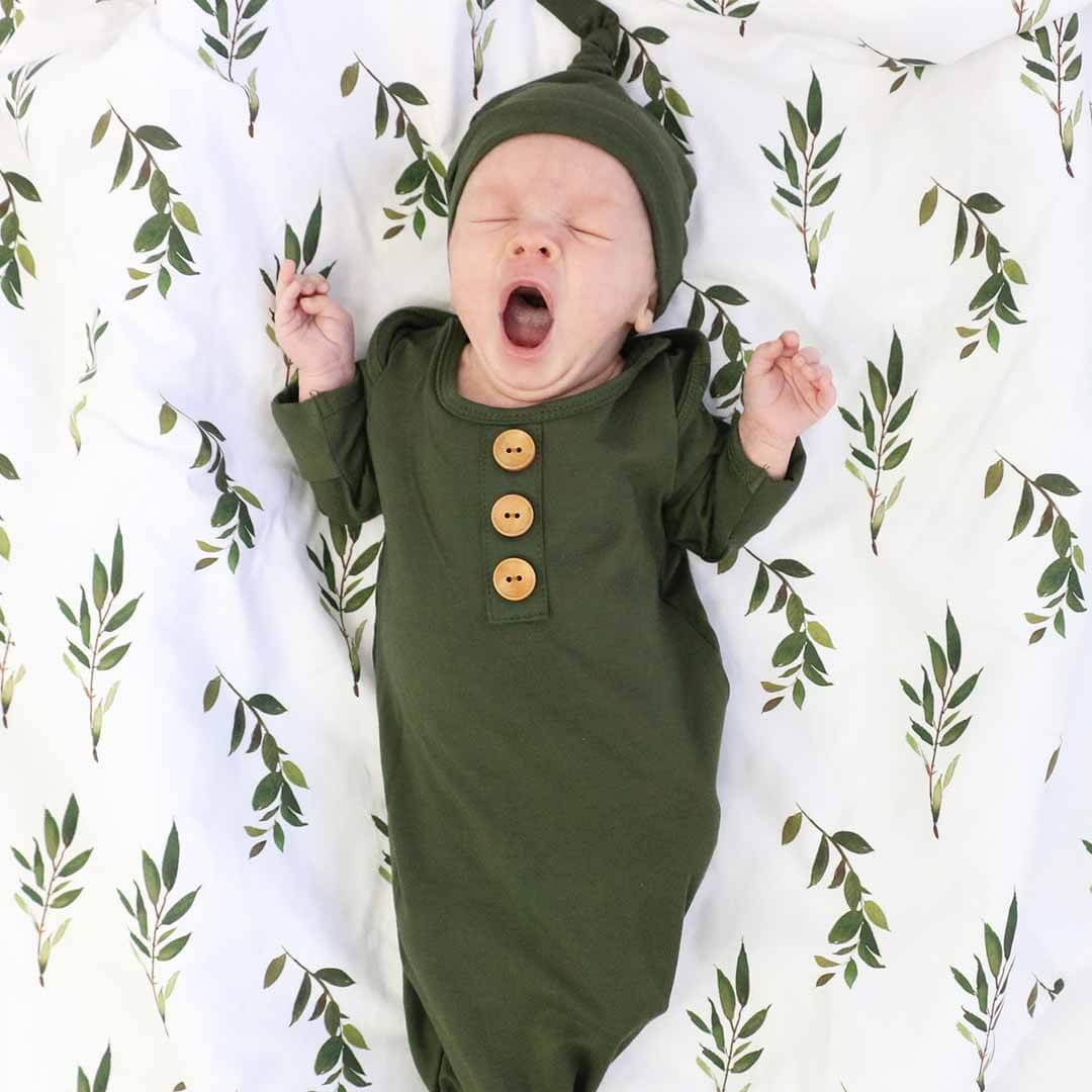 Solid Olive Bamboo Baby Knot Gown & Hat: Newborn / 7-14lbs+