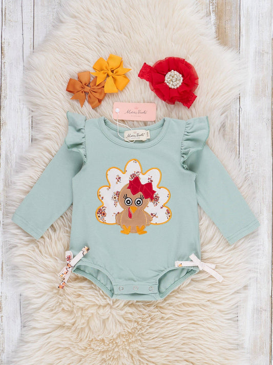 Baby Turkey Embroidered Bow Bubble Romper: 0/3MOS