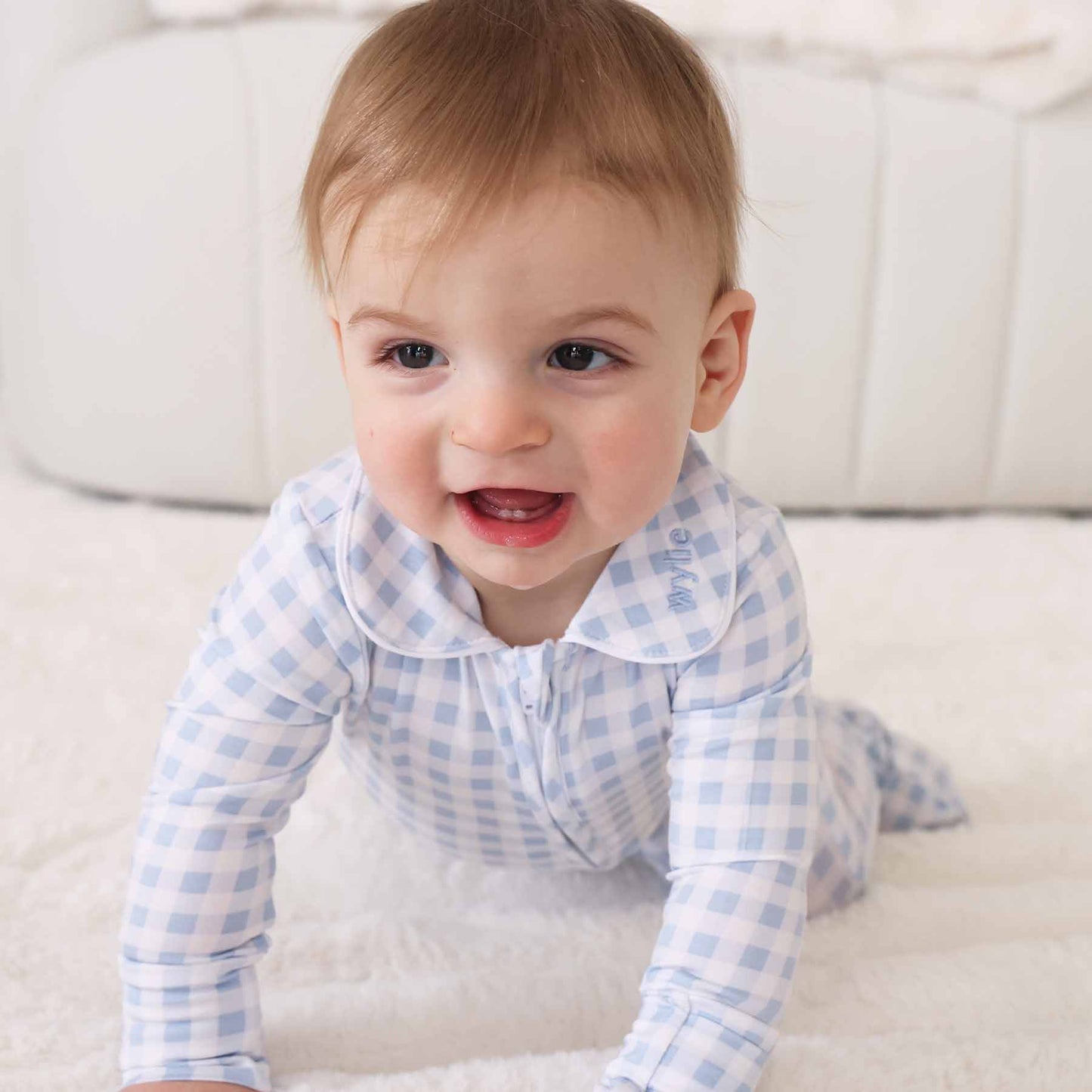Peter Pan Collar Zipper Footie | Dusty Blue Gingham: Dusty Blue Gingham / Non-Personalized / 0-3 months