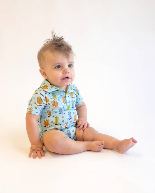 Cowboy Boots & Stars - SS Polo Romper : 12-18 months