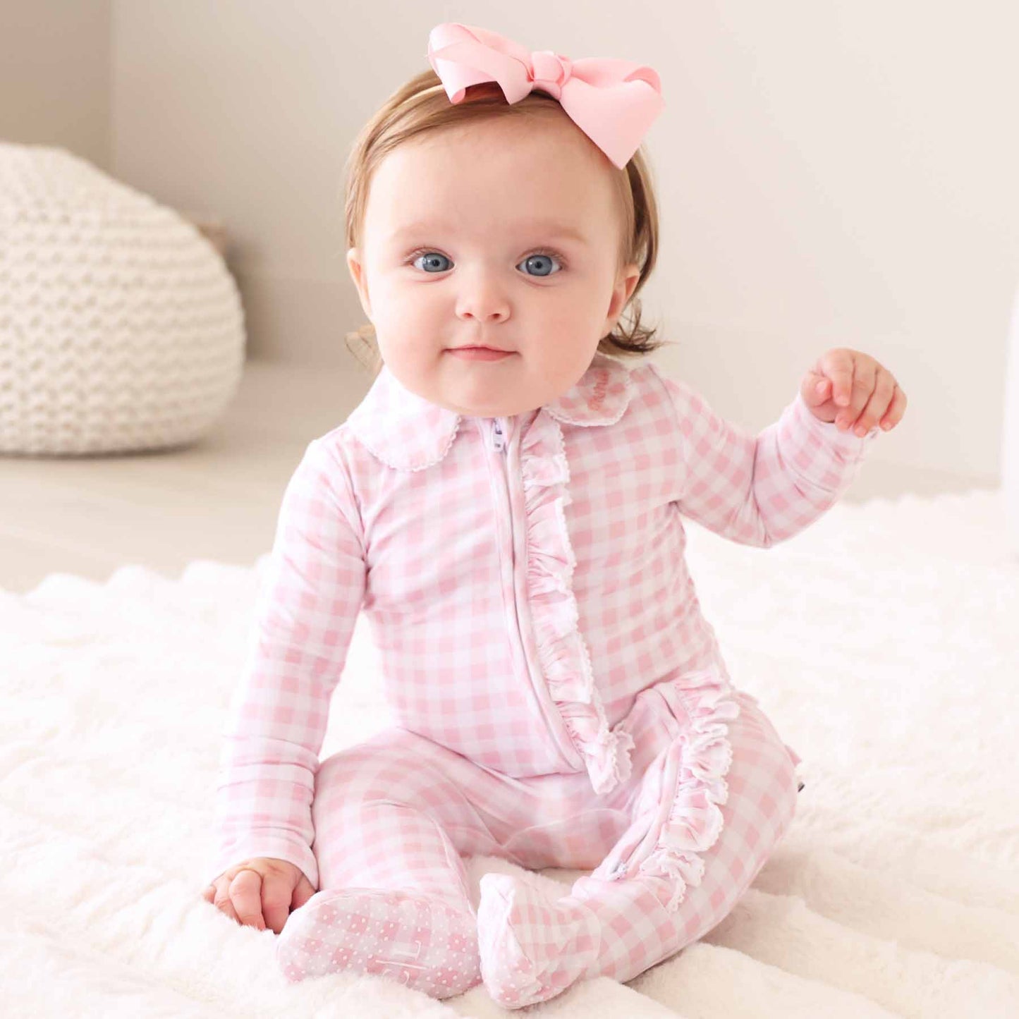 Peter Pan Collar Ruffle Zipper Footie | Rosy Gingham: Rosy Gingham / Non-Personalized / 0-3 months