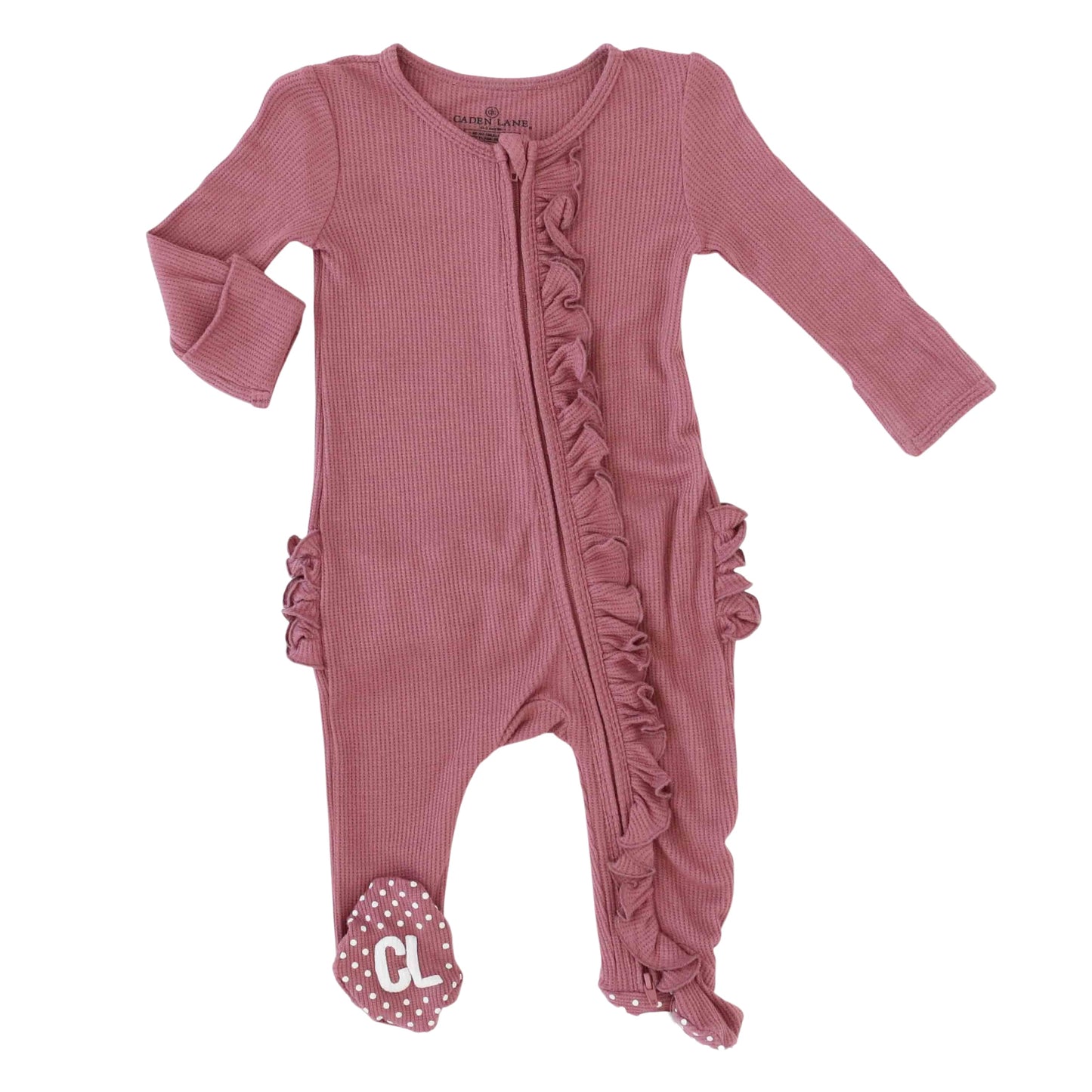 Boysenberry Bamboo Waffle Zipper Ruffle Footie: 0-3 months
