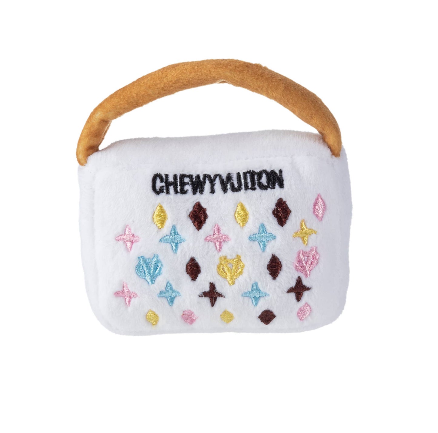 White Chewy Vuiton Purses Squeaker Dog Toy: Small / Mini