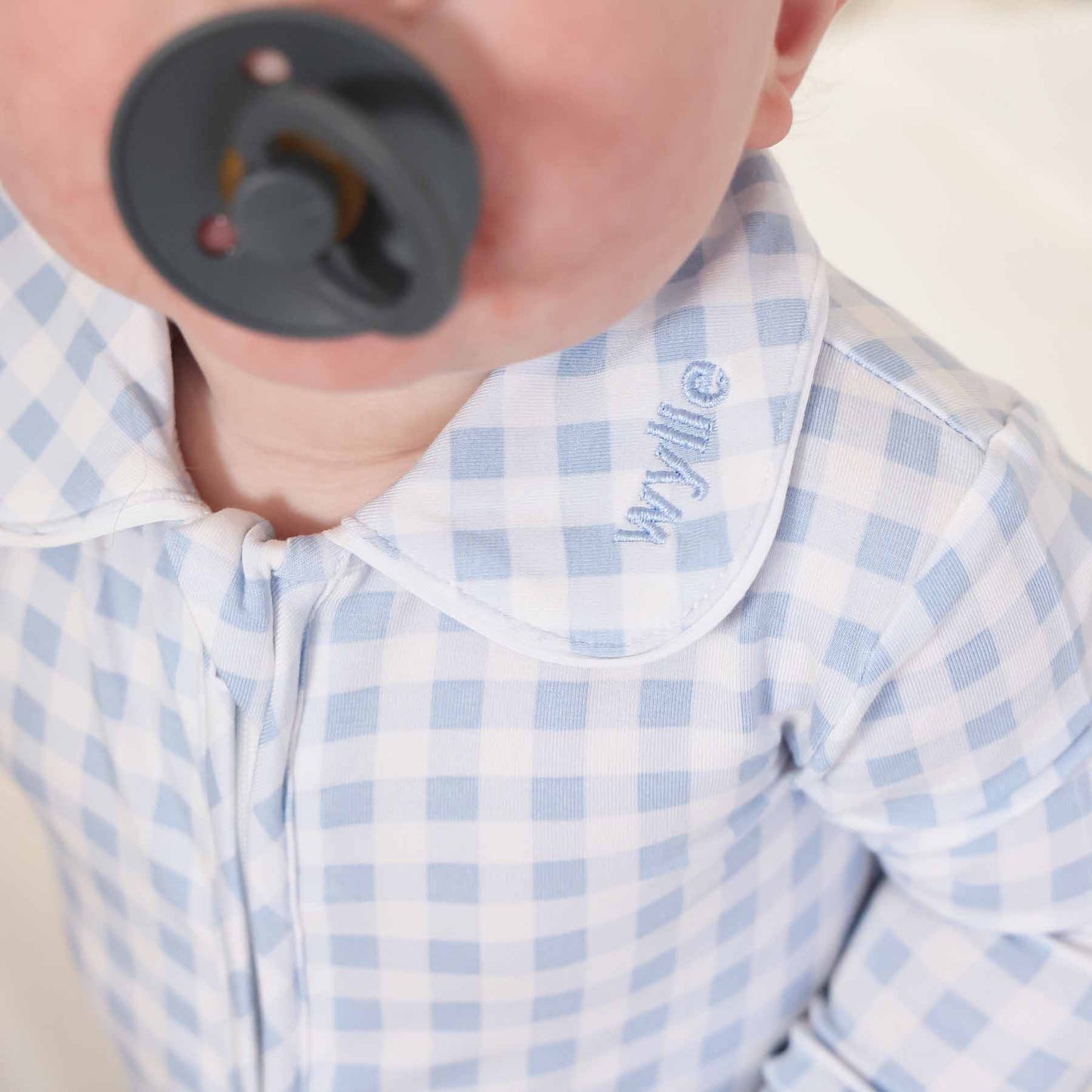 Peter Pan Collar Zipper Footie | Dusty Blue Gingham: Dusty Blue Gingham / Non-Personalized / 0-3 months