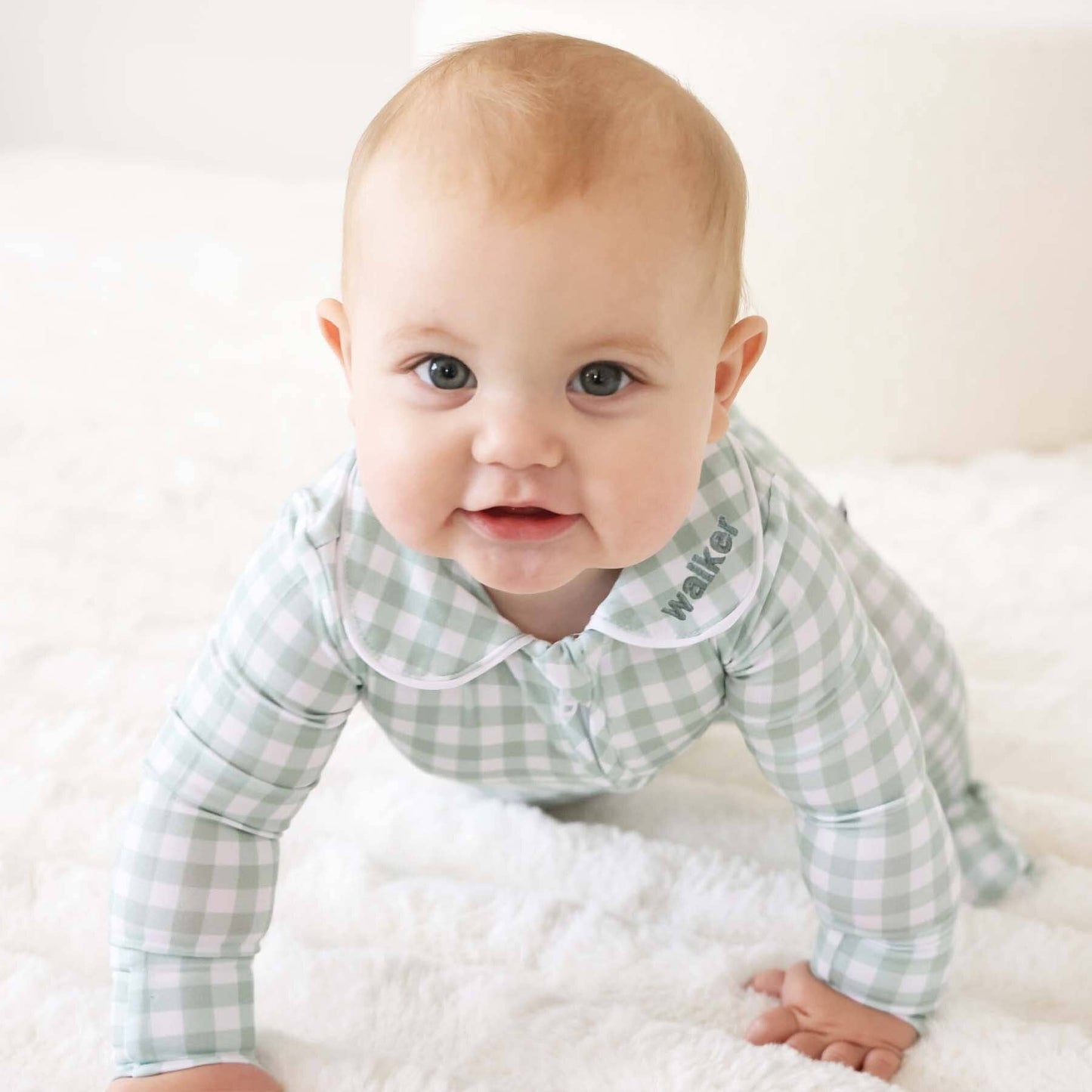 Peter Pan Collar Zipper Footie: Dusty Blue Gingham / Non-Personalized / 0-3 months