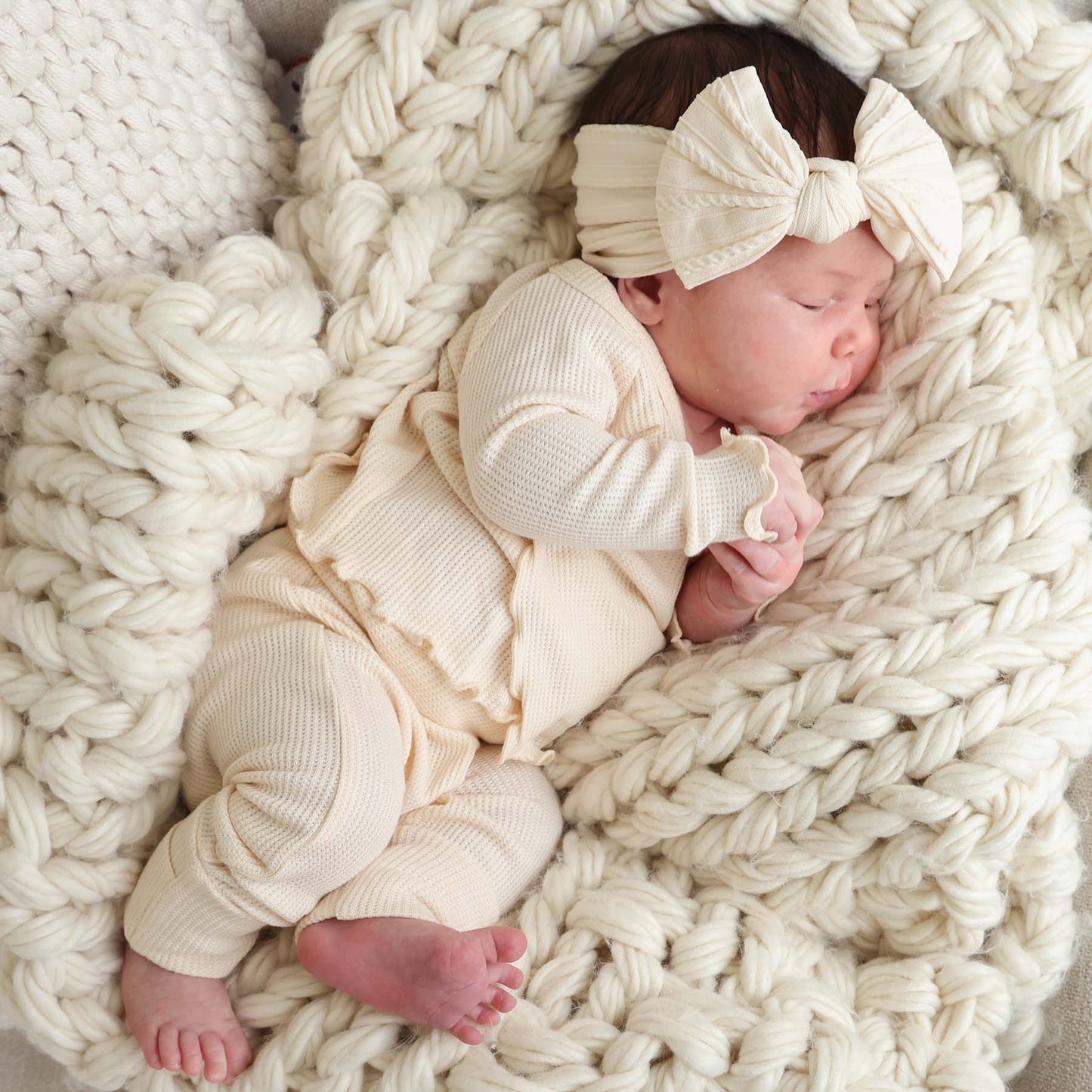 Large Soft Cable Knit Bow: Almond