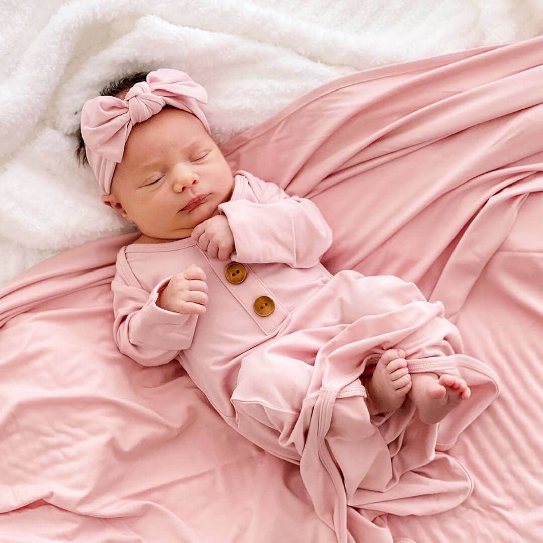Solid Petal Pink Bamboo Baby Knot Gown & Hat: Newborn / 7-14lbs+