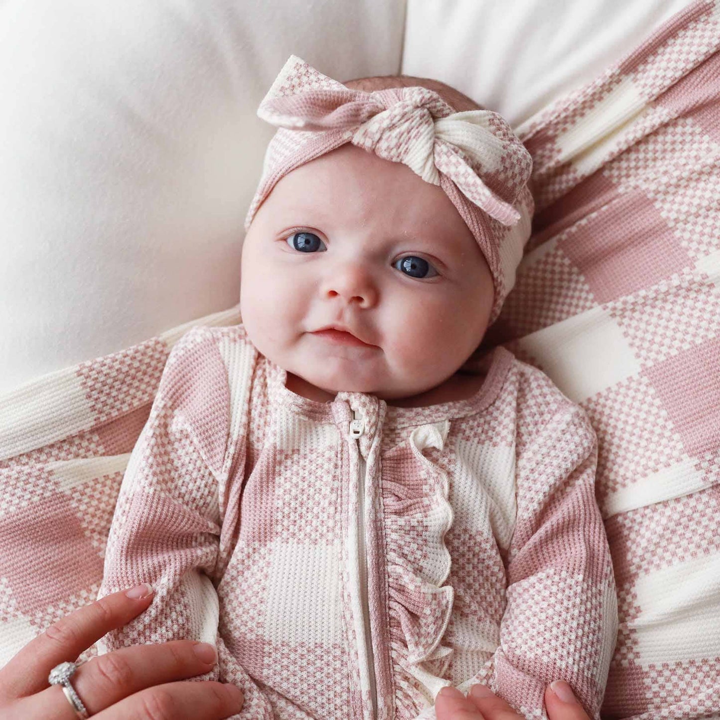 Big Check Bamboo Waffle Zipper Ruffle Footie | Rosy: Newborn