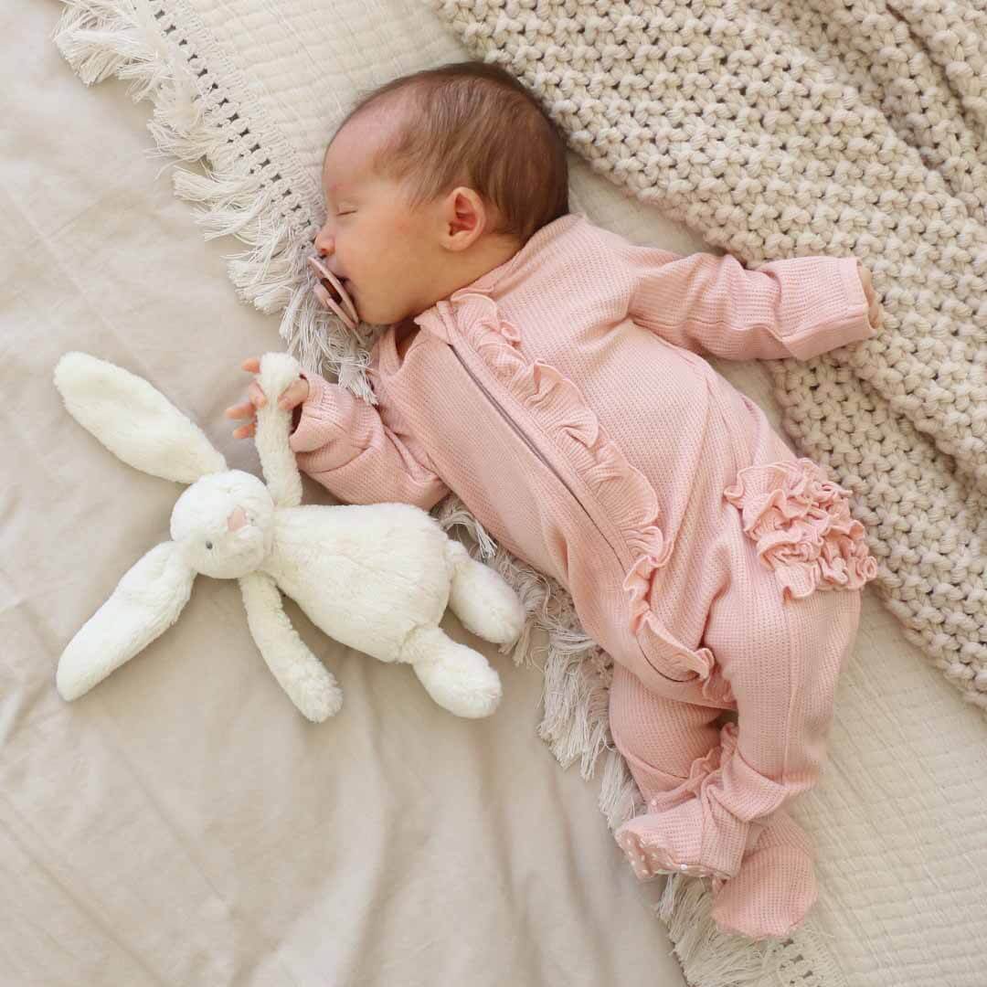 Lovely Pink Bamboo Waffle Zipper Ruffle Footie: Newborn