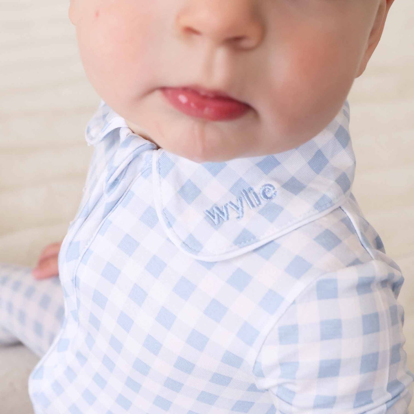Peter Pan Collar Zipper Footie | Dusty Blue Gingham: Dusty Blue Gingham / Non-Personalized / 0-3 months