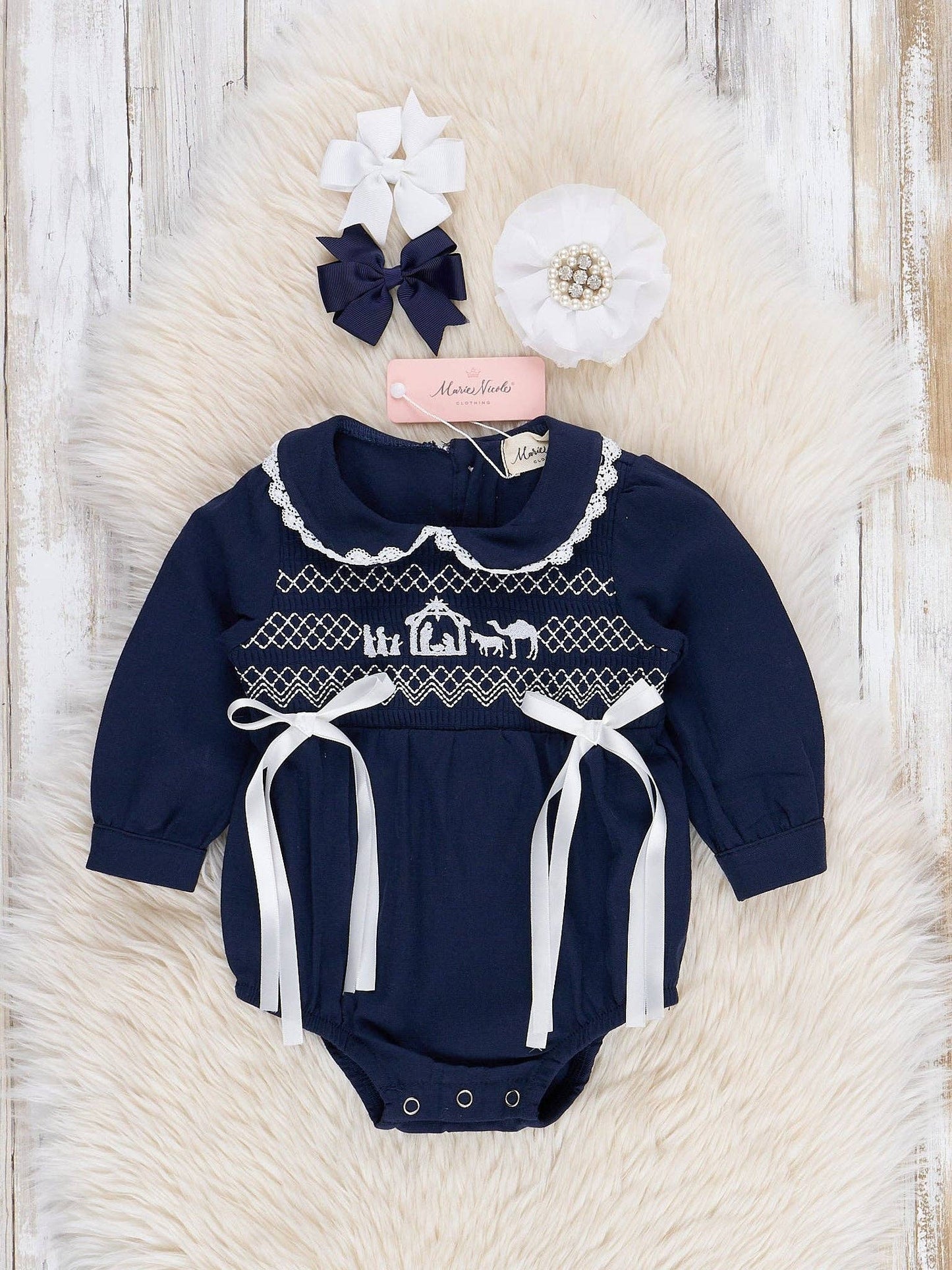 Navy Smocked Nativity Scene Bubble: 6/12MOS