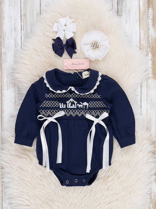 Navy Smocked Nativity Scene Bubble: 12/18MOS
