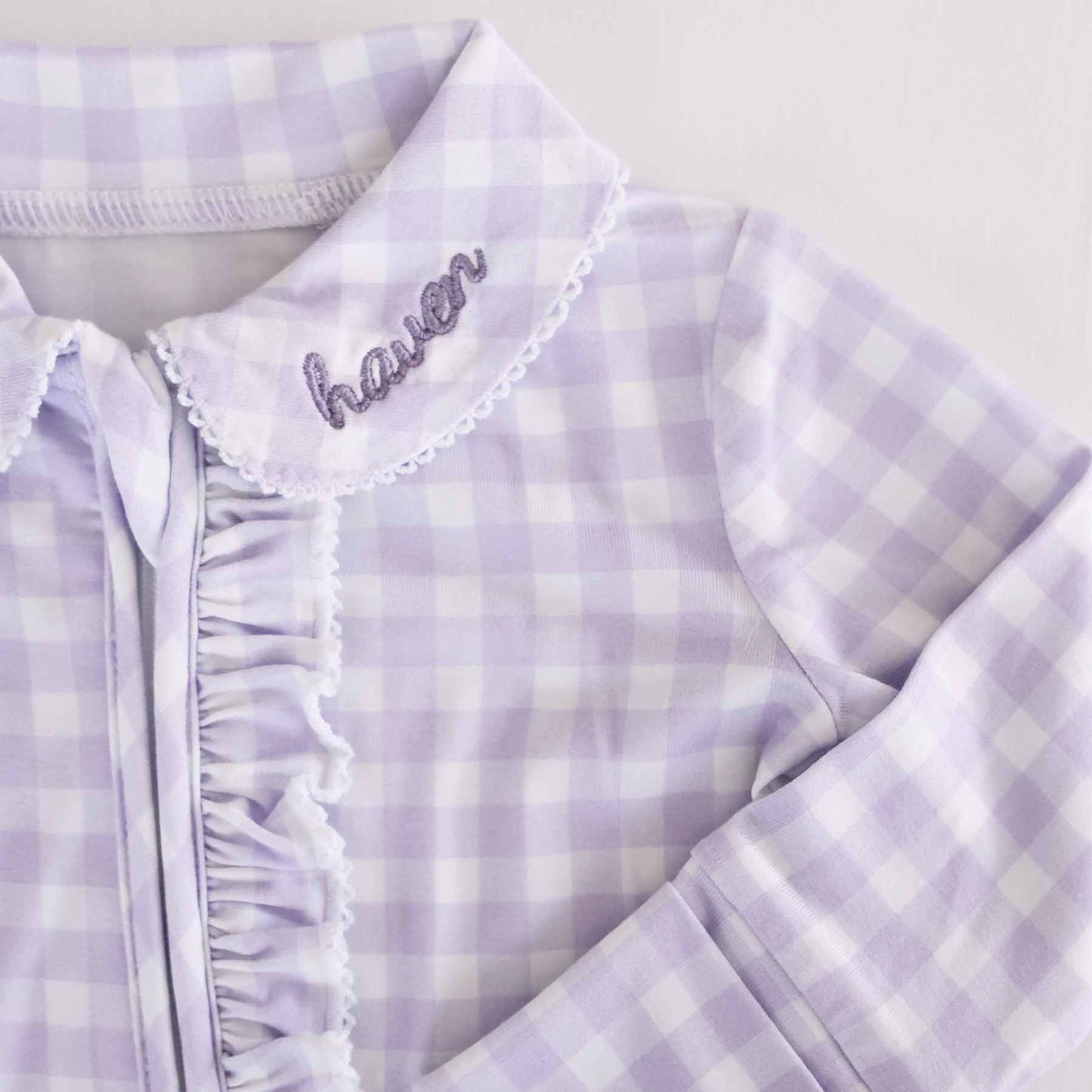 Peter Pan Collar Ruffle Zipper Footie: Rosy Gingham / Non-Personalized / 0-3 months