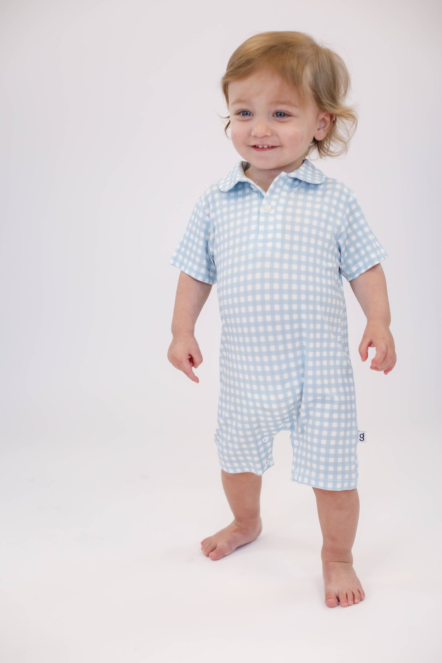 Short Sleeve Polo Romper -Blue Gingham: 12-18 mo
