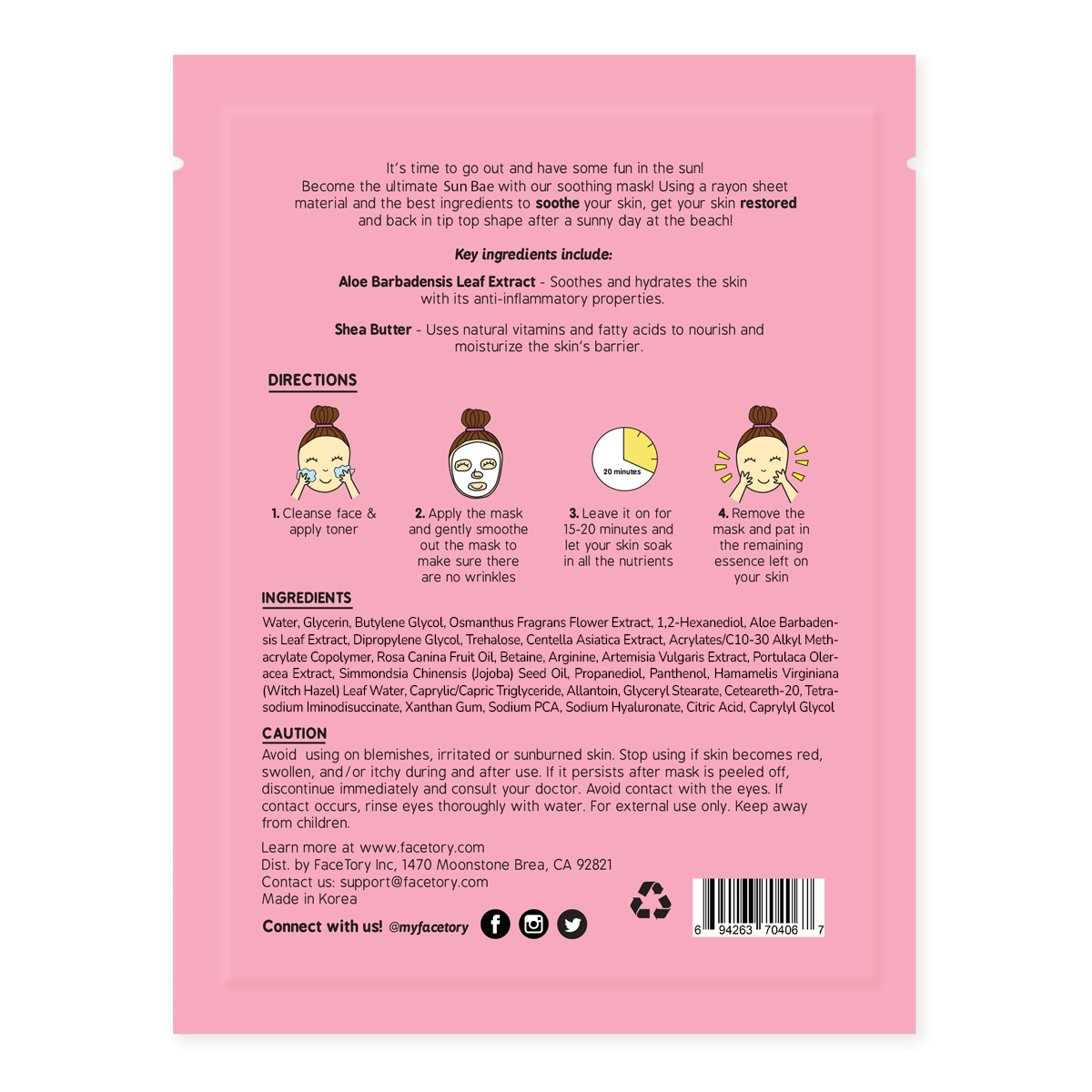 Sheet Face Mask - Korean Beauty - Soothing Aloe - Sun Bae