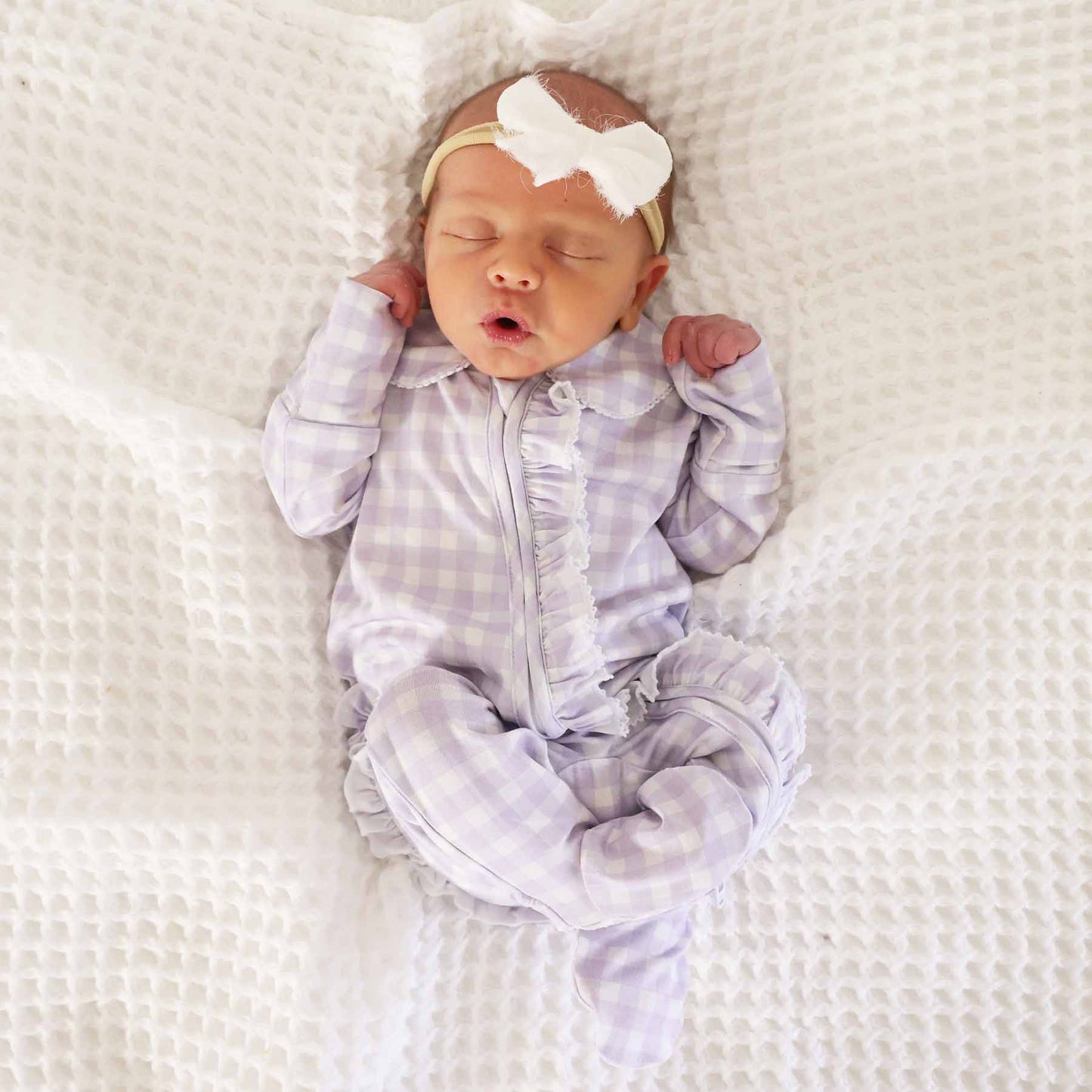 Peter Pan Collar Ruffle Zipper Footie: Rosy Gingham / Non-Personalized / 0-3 months