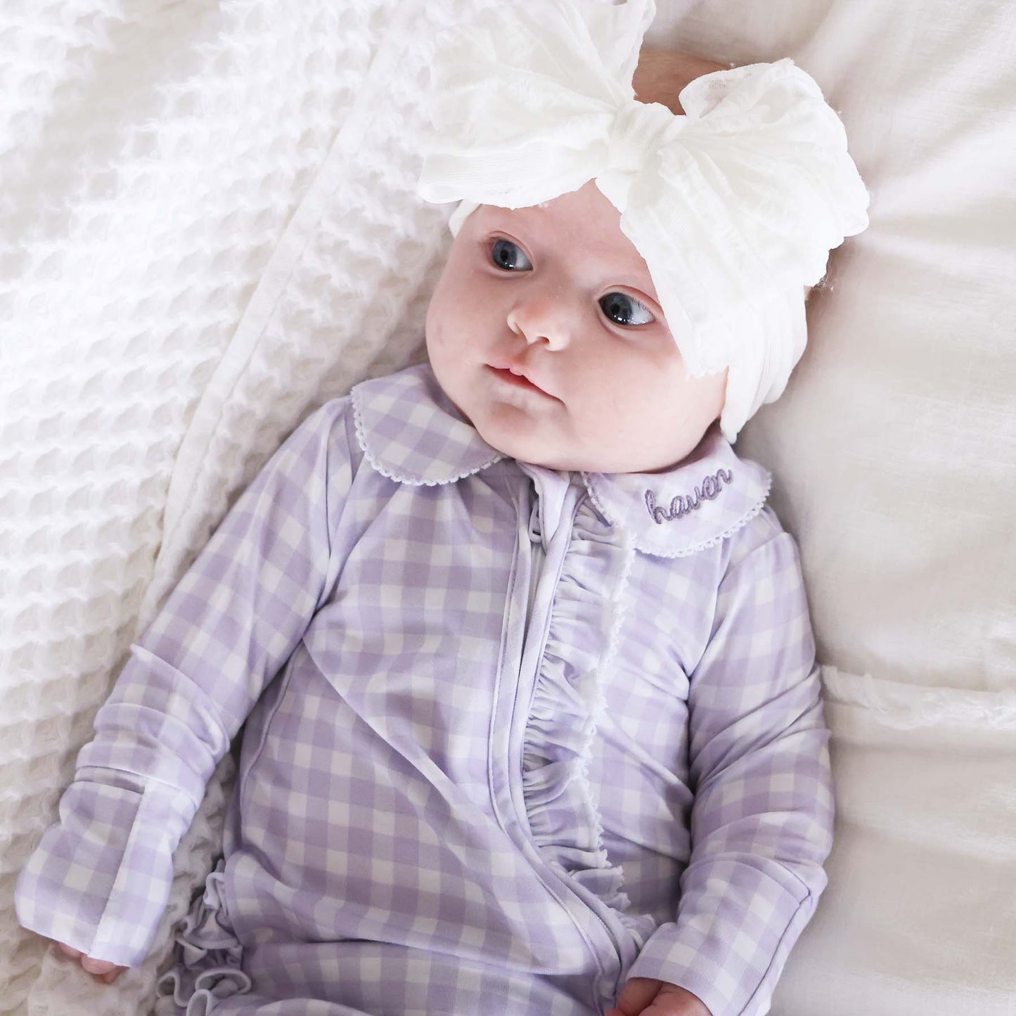 Peter Pan Collar Ruffle Zipper Footie: Rosy Gingham / Non-Personalized / 0-3 months