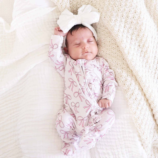 Blushing Bows Ruffle Zipper Footie: 0-3 months