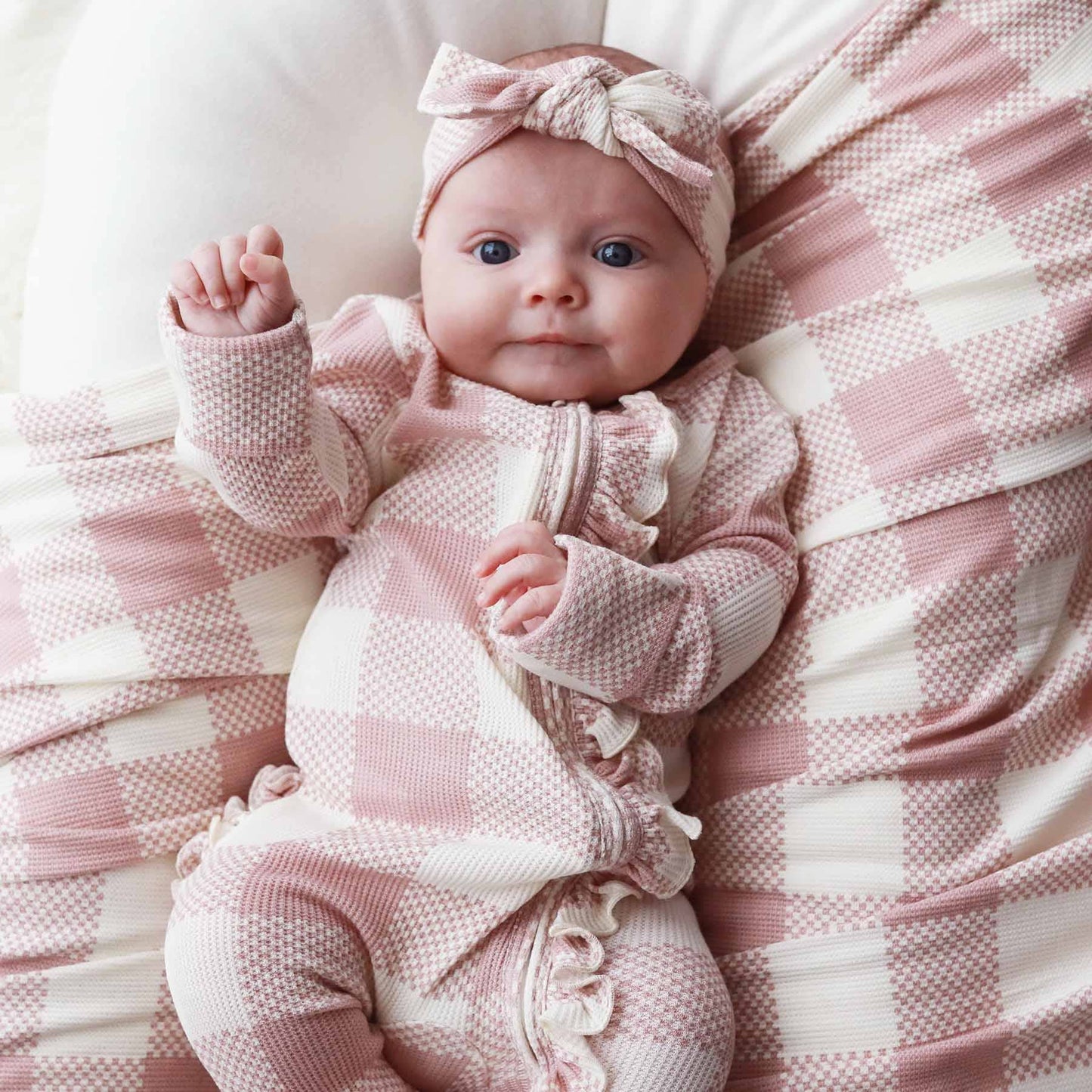 Big Check Bamboo Waffle Zipper Ruffle Footie | Rosy: Newborn