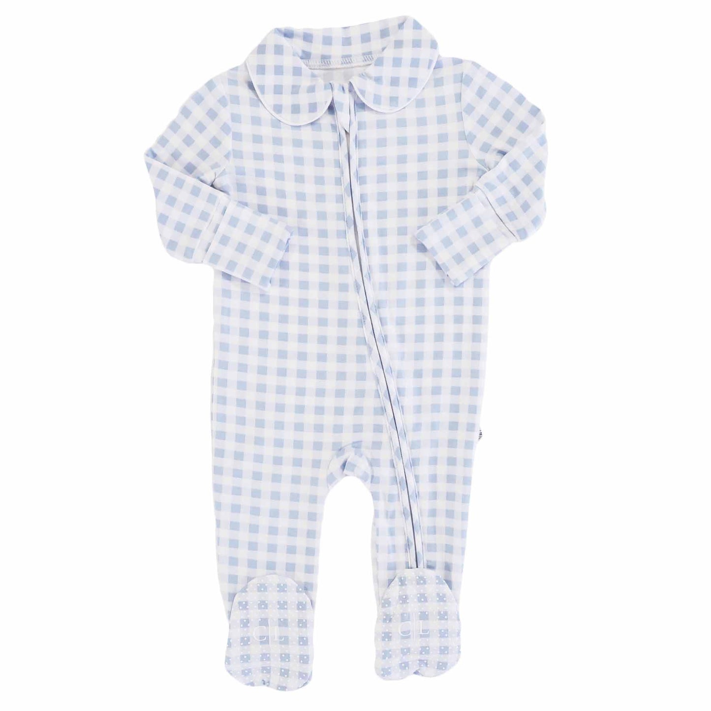 Peter Pan Collar Zipper Footie: Dusty Blue Gingham / Non-Personalized / 0-3 months