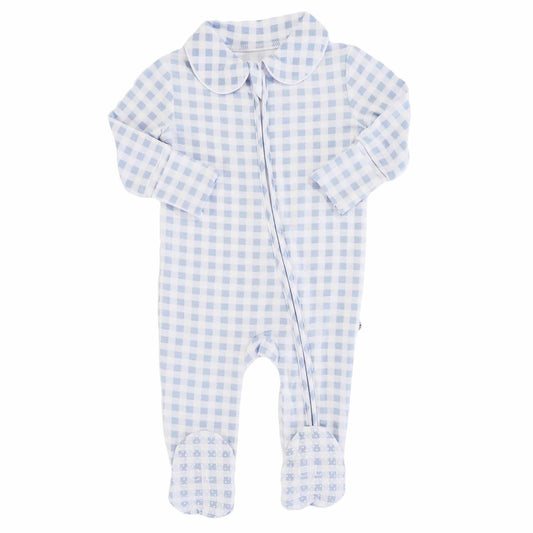 Peter Pan Collar Zipper Footie: Dusty Blue Gingham / Non-Personalized / 0-3 months
