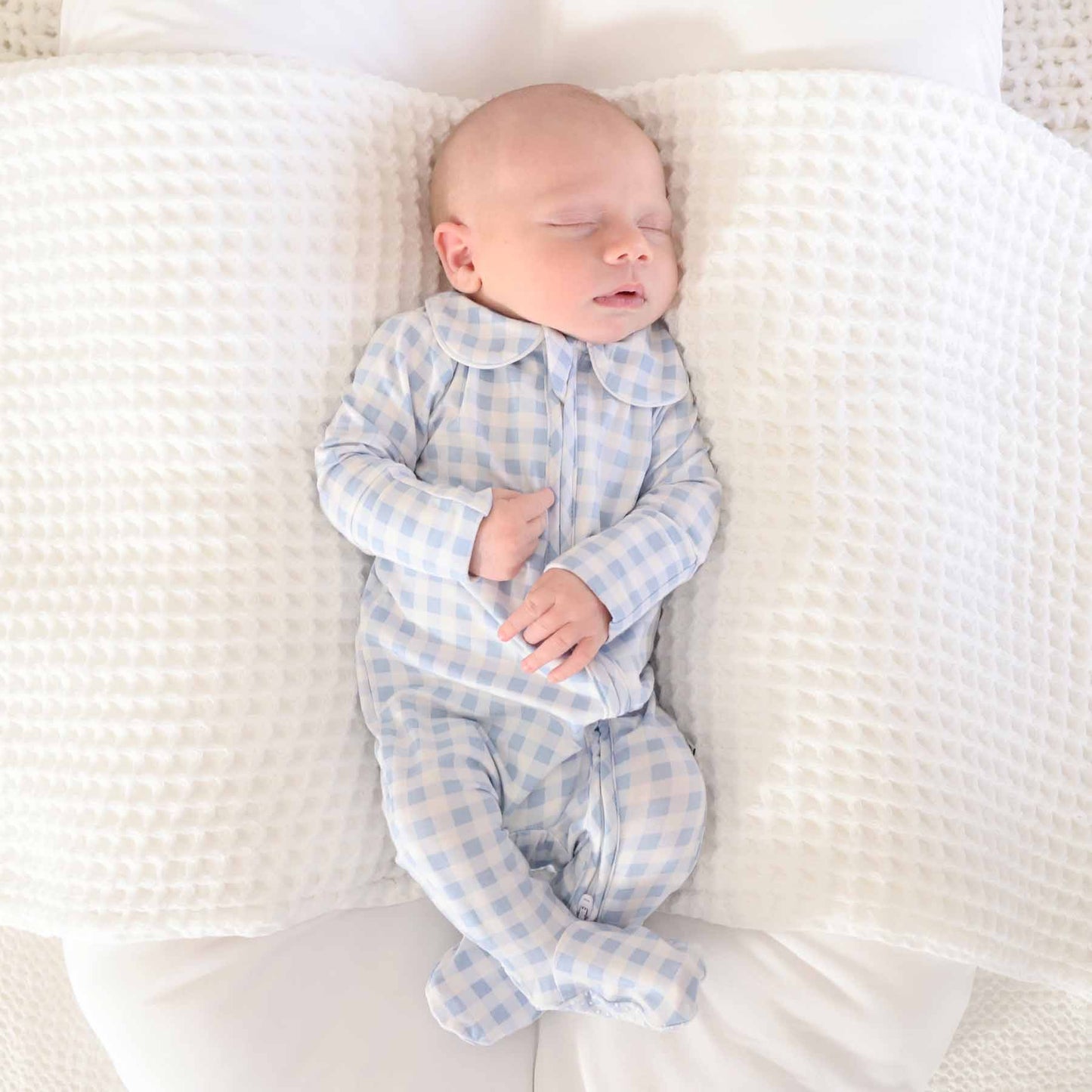 Peter Pan Collar Zipper Footie: Dusty Blue Gingham / Non-Personalized / 0-3 months