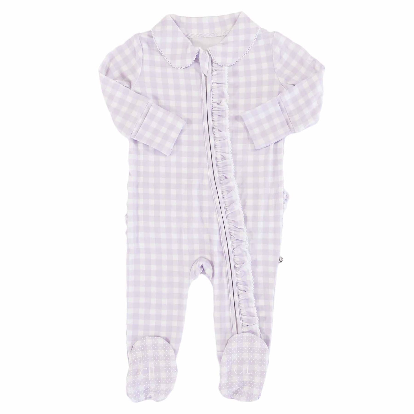 Peter Pan Collar Ruffle Zipper Footie: Rosy Gingham / Non-Personalized / 0-3 months