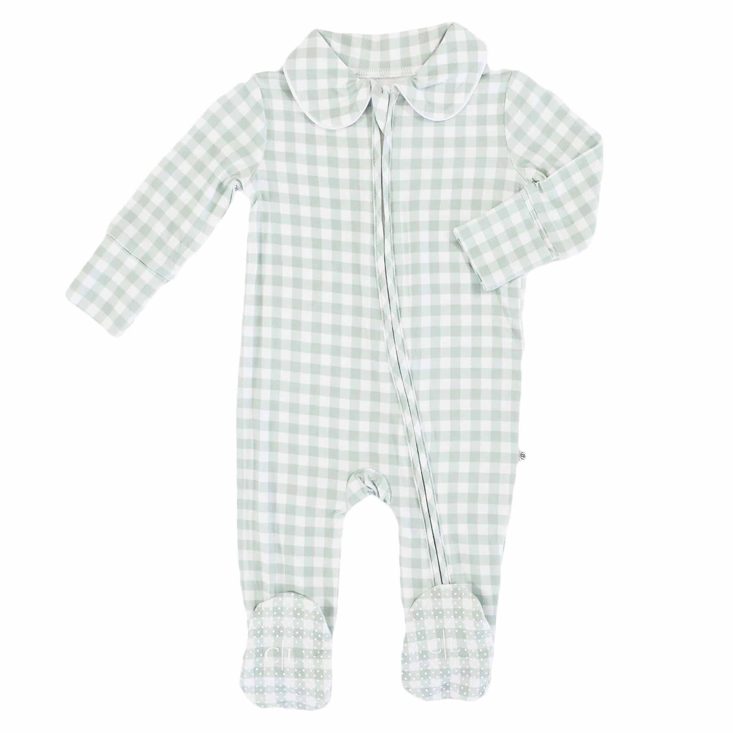 Peter Pan Collar Zipper Footie: Dusty Blue Gingham / Non-Personalized / 0-3 months