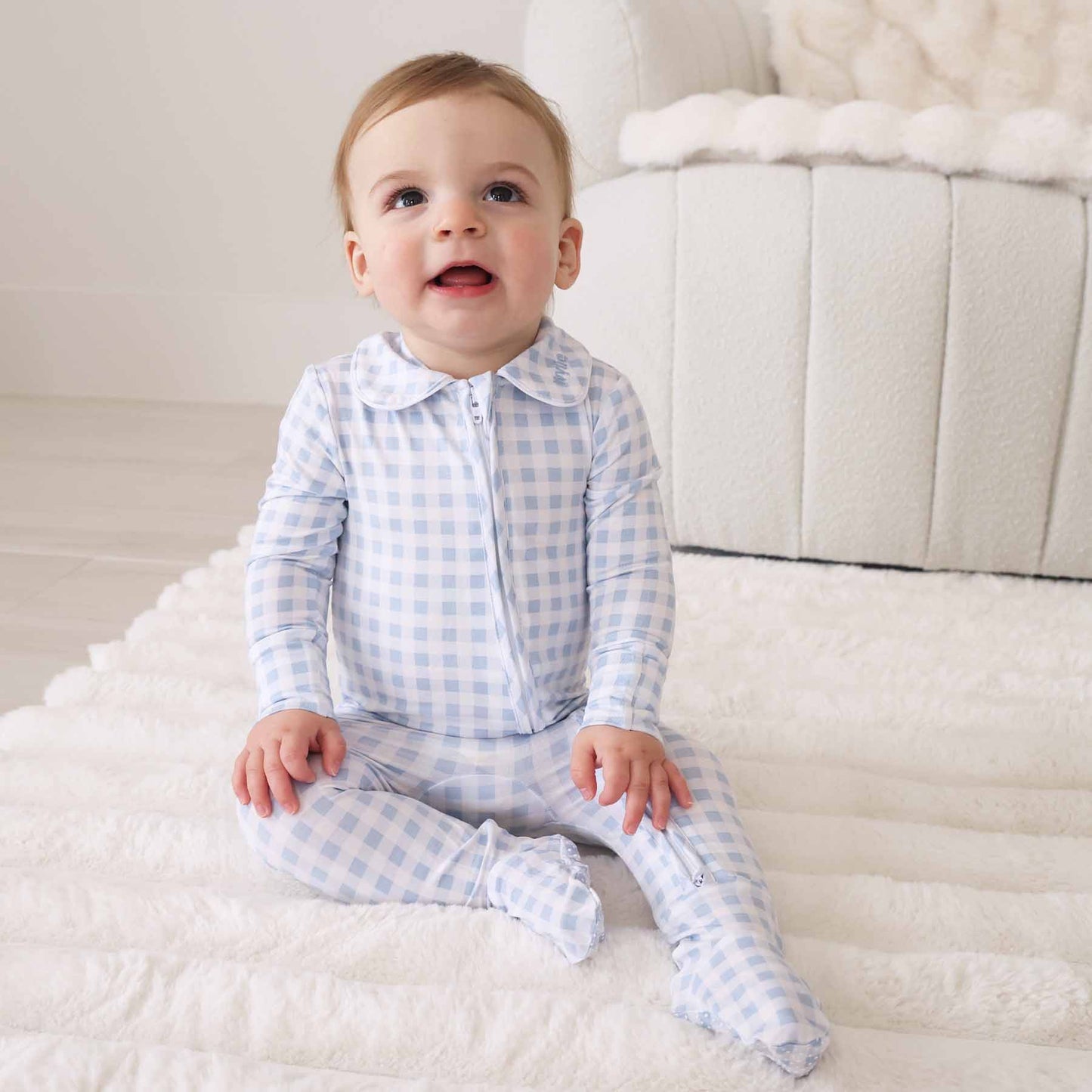 Peter Pan Collar Zipper Footie | Dusty Blue Gingham: Dusty Blue Gingham / Non-Personalized / 0-3 months