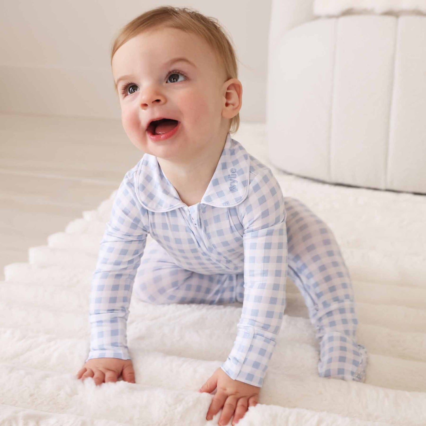 Peter Pan Collar Zipper Footie | Dusty Blue Gingham: Dusty Blue Gingham / Non-Personalized / 0-3 months