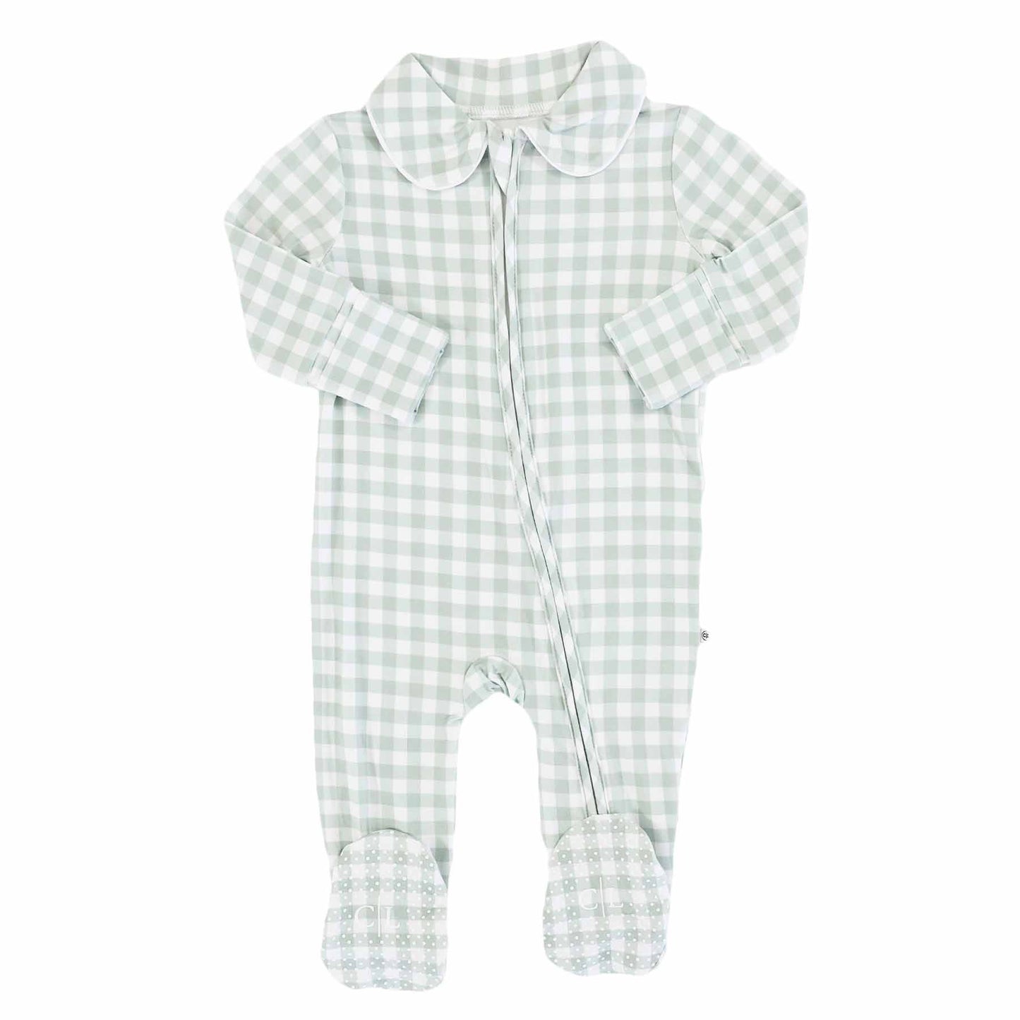 Peter Pan Collar Zipper Footie: Dusty Blue Gingham / Non-Personalized / 0-3 months