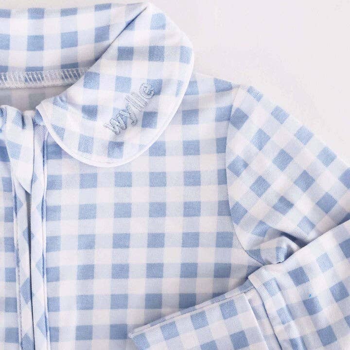 Peter Pan Collar Zipper Footie: Dusty Blue Gingham / Non-Personalized / 0-3 months