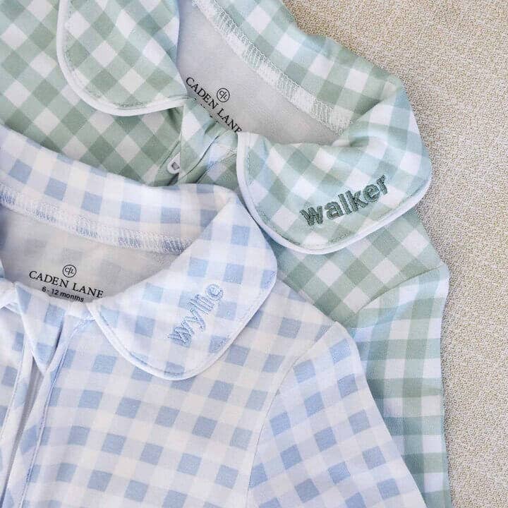 Peter Pan Collar Zipper Footie: Dusty Blue Gingham / Non-Personalized / 0-3 months