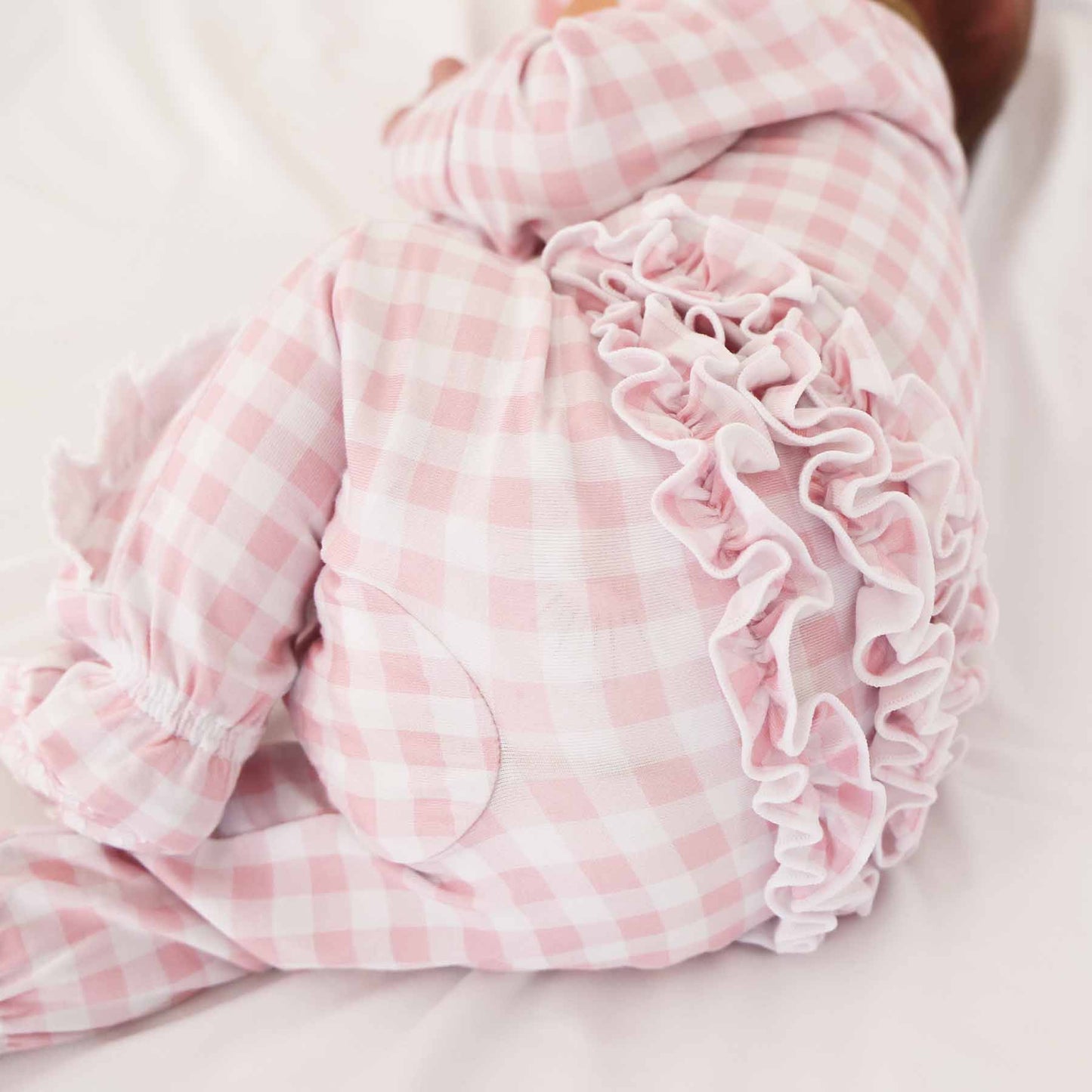 Peter Pan Collar Ruffle Zipper Footie: Rosy Gingham / Non-Personalized / 0-3 months