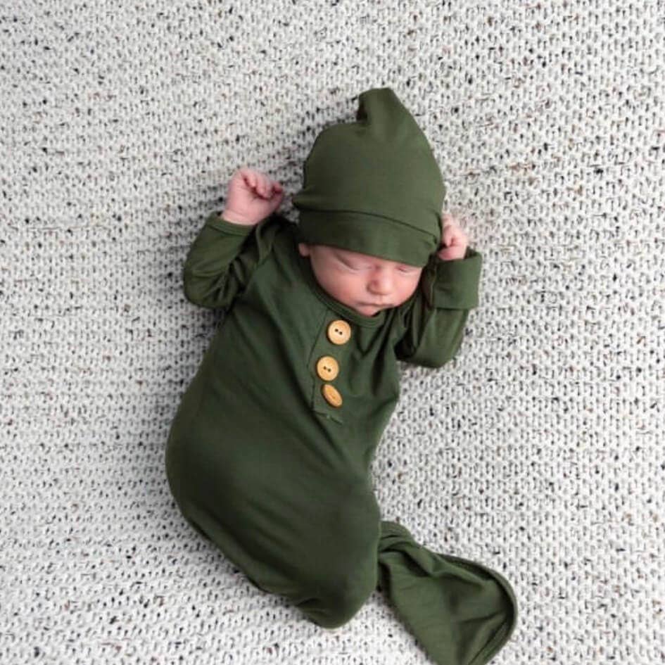 Solid Olive Bamboo Baby Knot Gown & Hat: Newborn / 7-14lbs+