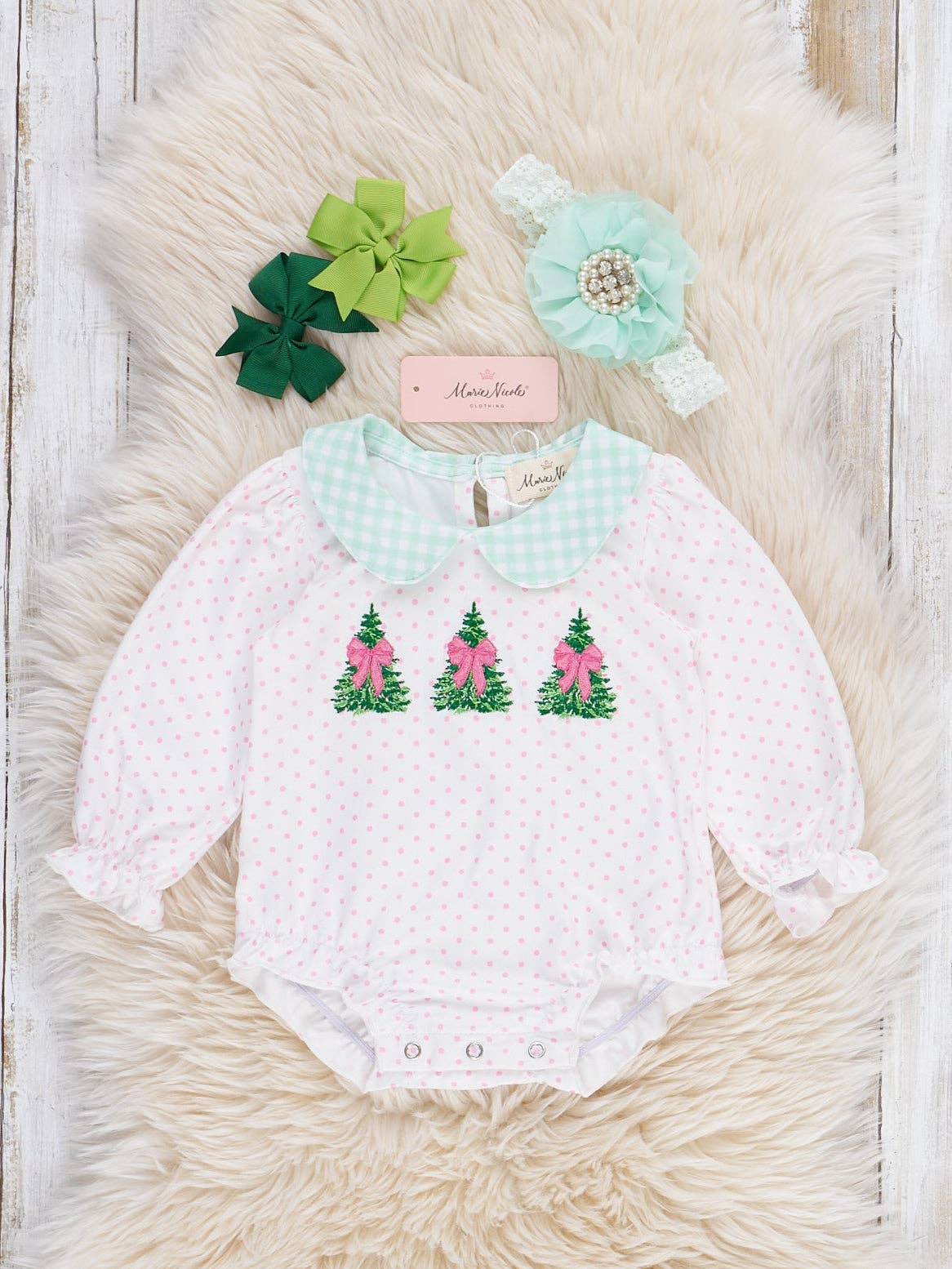Polka Dottie Christmas Tree Embroidered Bubble Romper: 18/24MOS