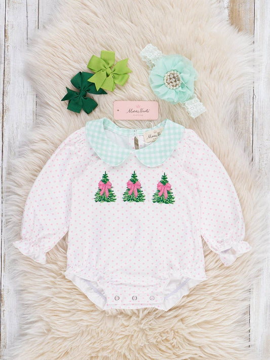 Polka Dottie Christmas Tree Embroidered Bubble Romper: 18/24MOS