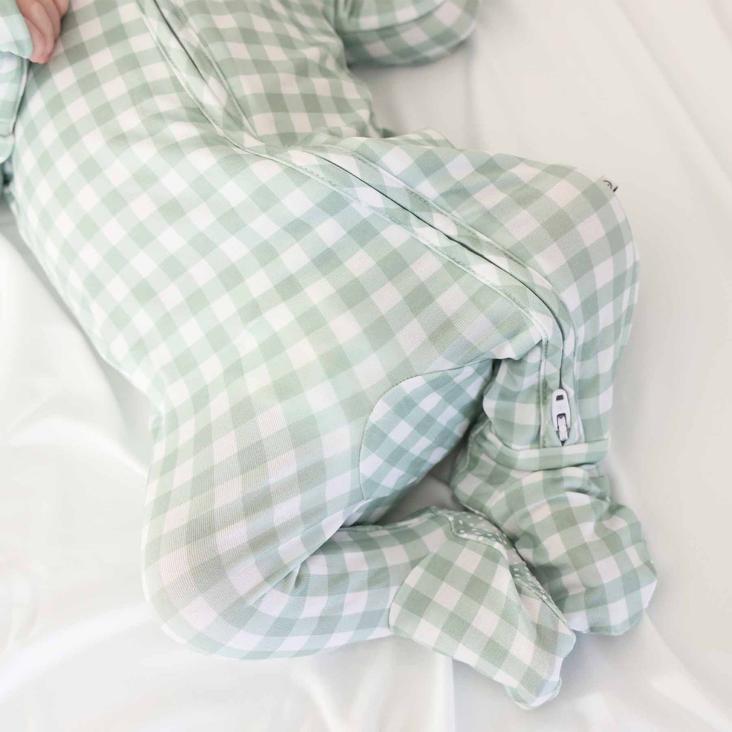 Peter Pan Collar Zipper Footie: Dusty Blue Gingham / Non-Personalized / 0-3 months