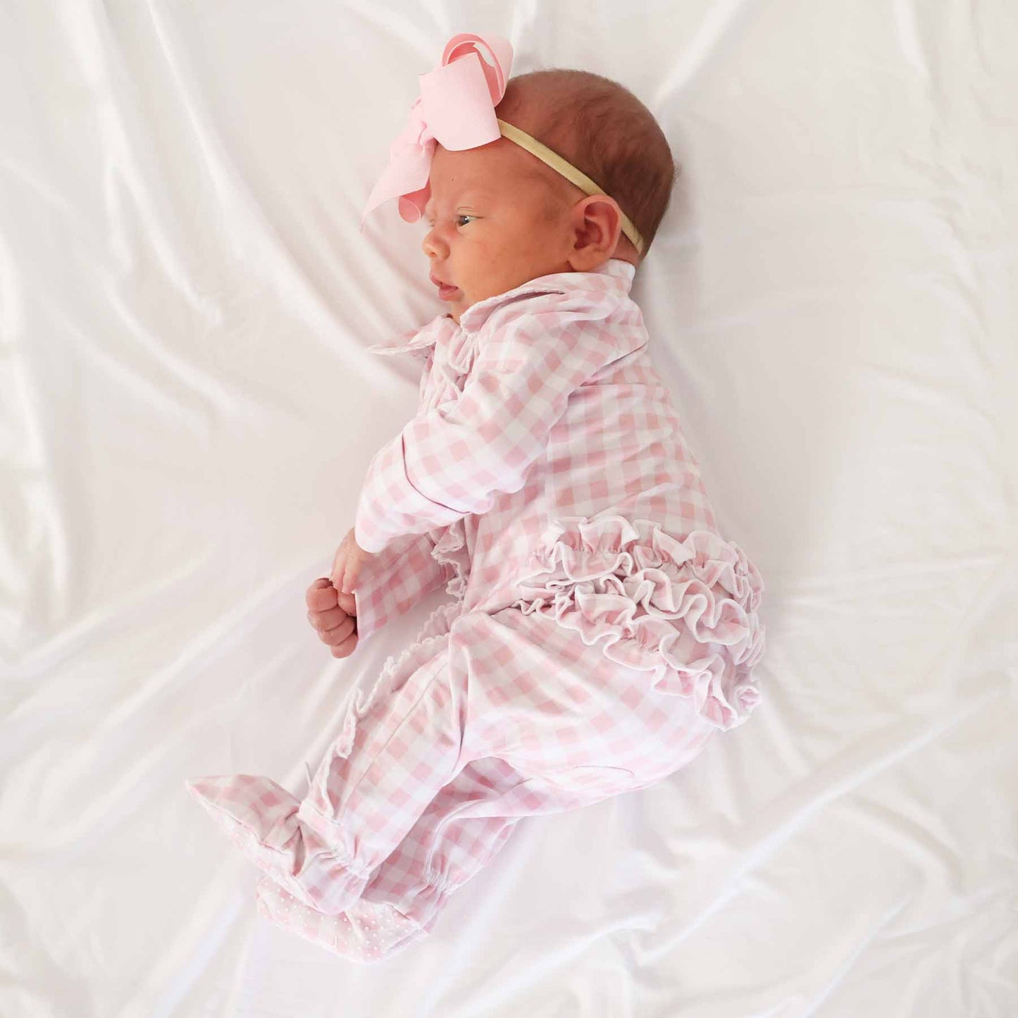 Peter Pan Collar Ruffle Zipper Footie | Rosy Gingham: Rosy Gingham / Non-Personalized / 0-3 months