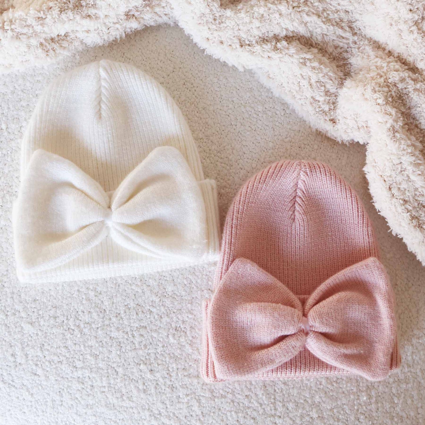 Knit Newborn Bow Beanies: Baby Pink
