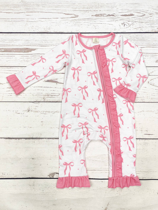 Baby Girl Bow Printed Zip Sleeper: 0-3M