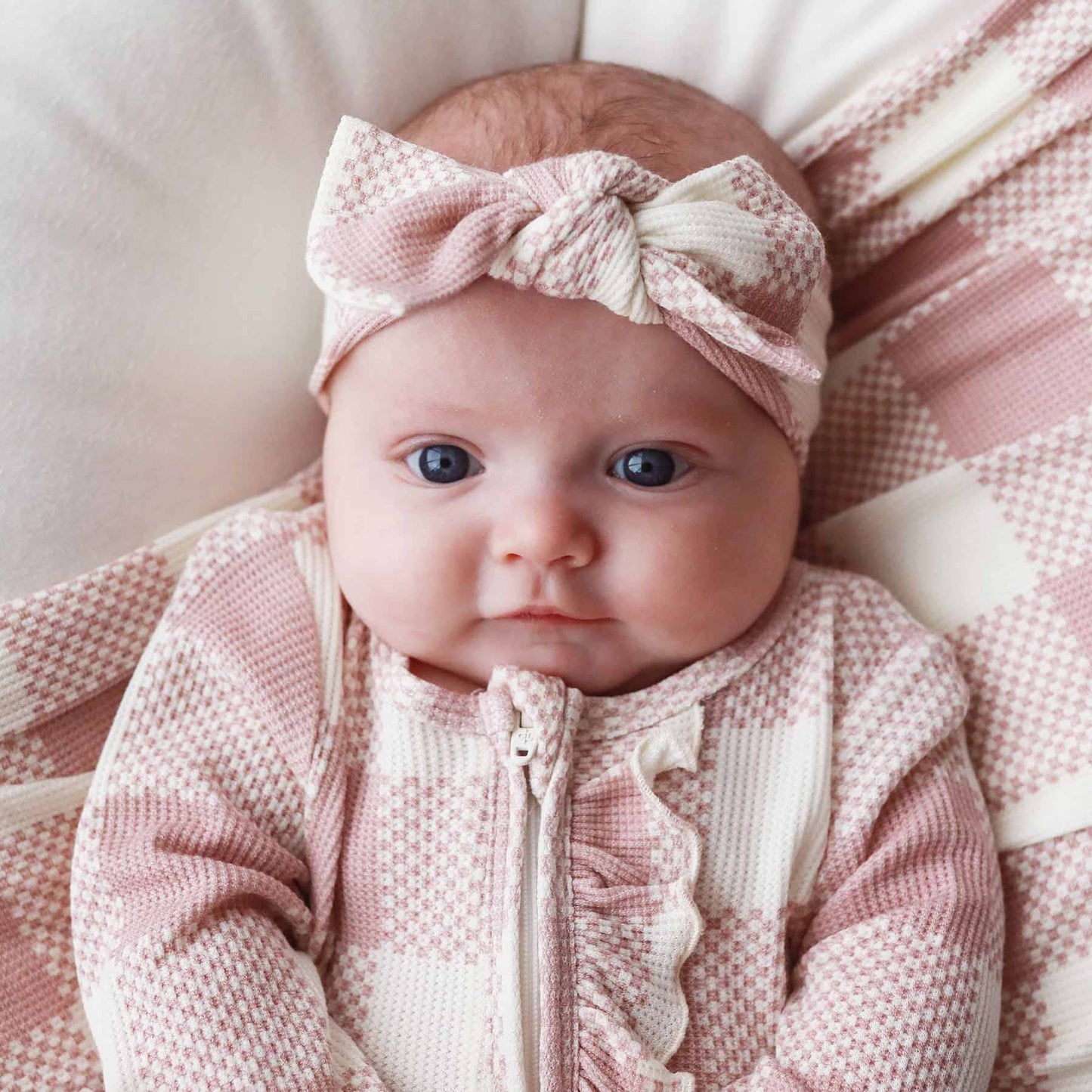Big Check Bamboo Waffle Zipper Ruffle Footie | Rosy: Newborn