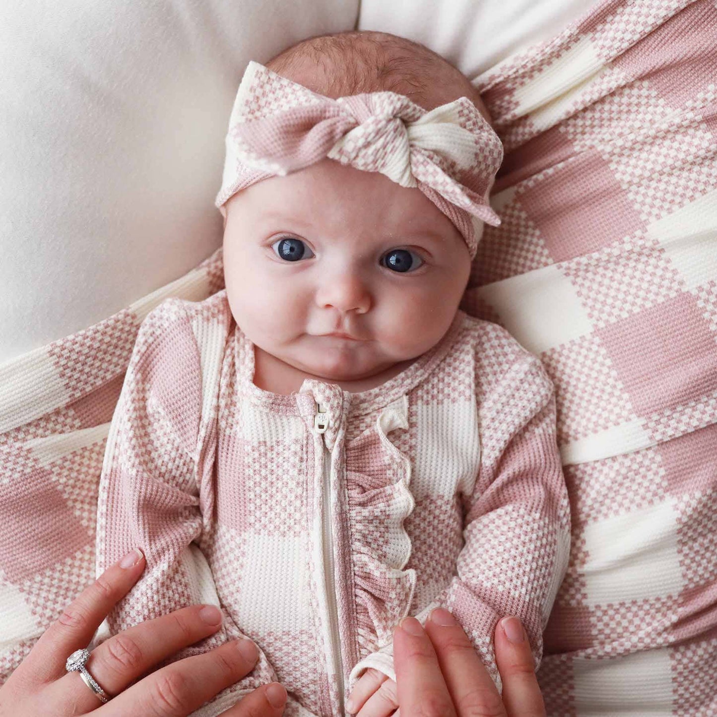 Big Check Bamboo Waffle Zipper Ruffle Footie | Rosy: Newborn