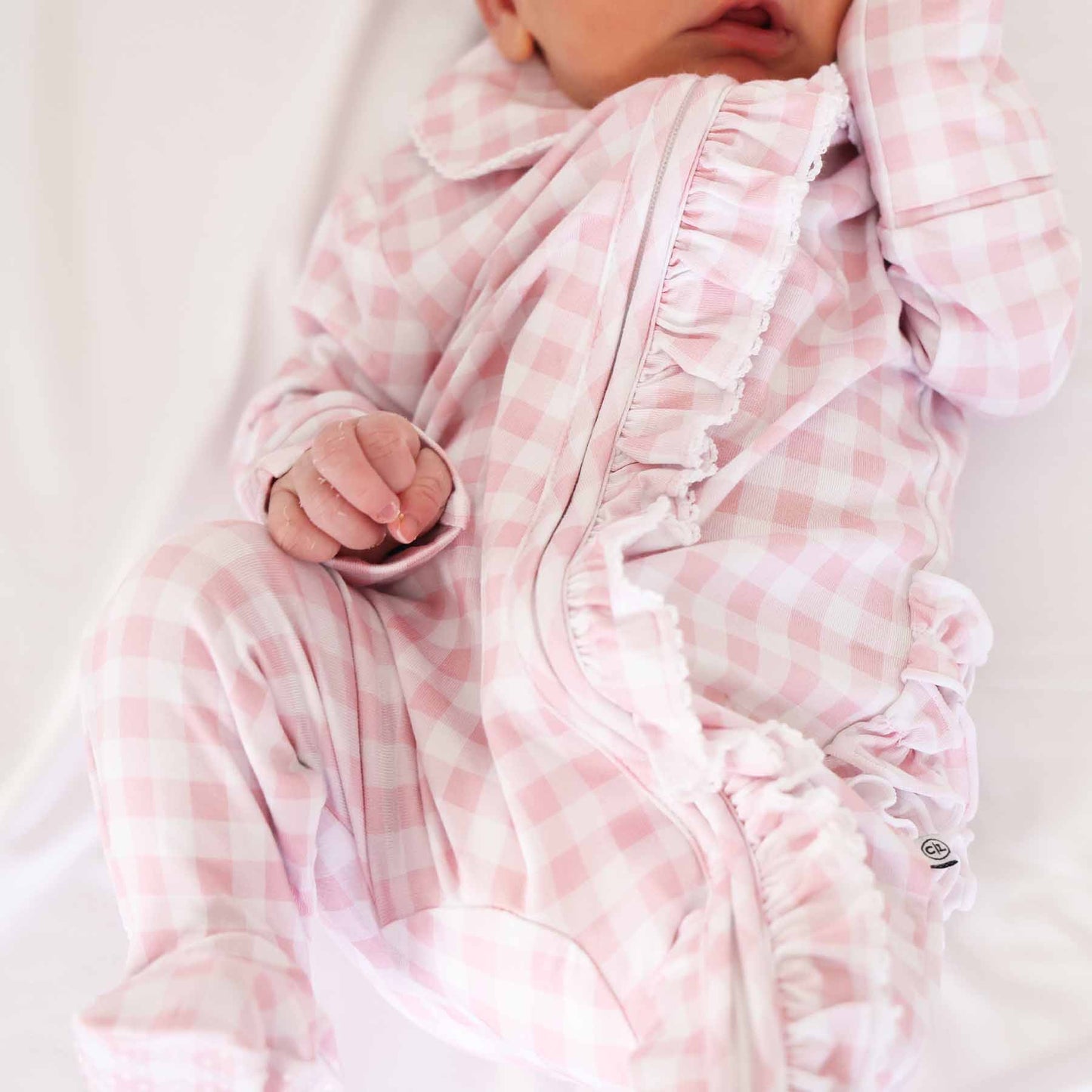 Peter Pan Collar Ruffle Zipper Footie | Rosy Gingham: Rosy Gingham / Non-Personalized / 0-3 months