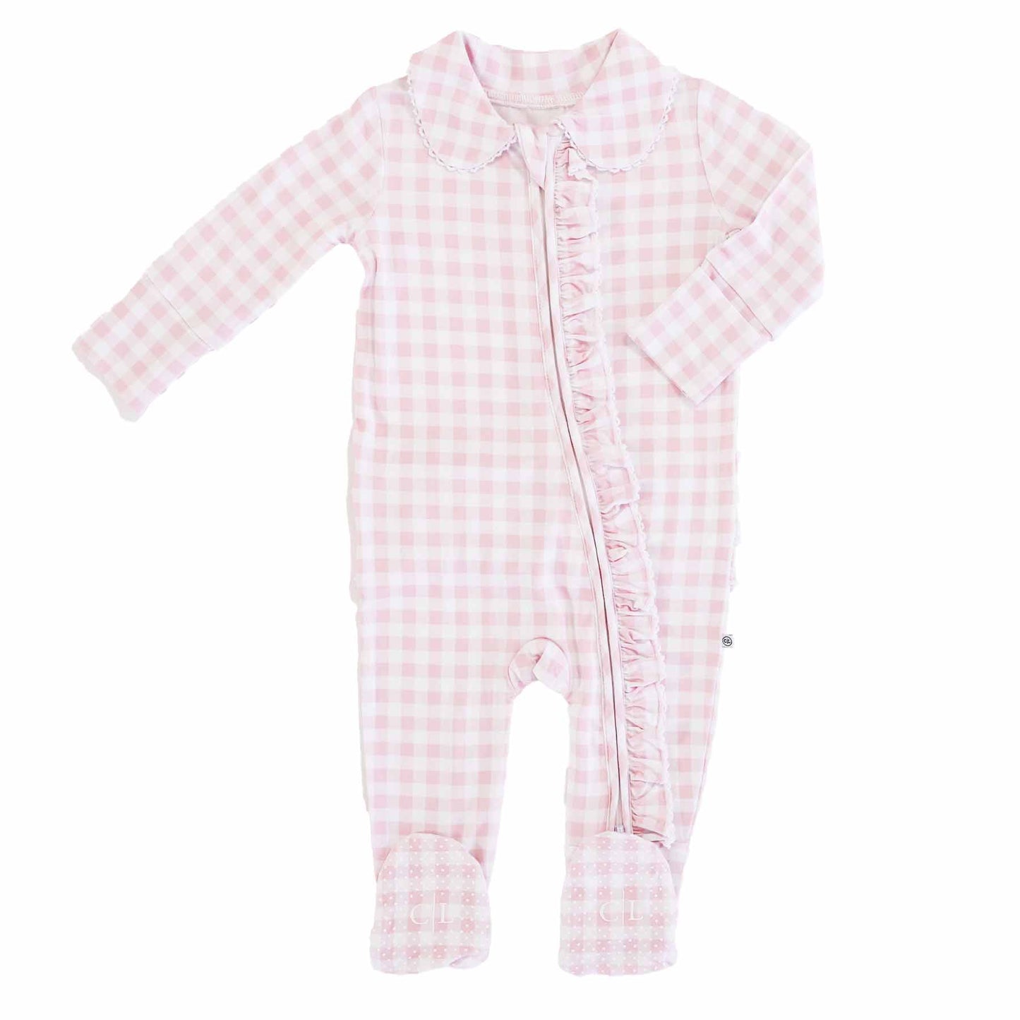 Peter Pan Collar Ruffle Zipper Footie | Rosy Gingham: Rosy Gingham / Non-Personalized / 0-3 months
