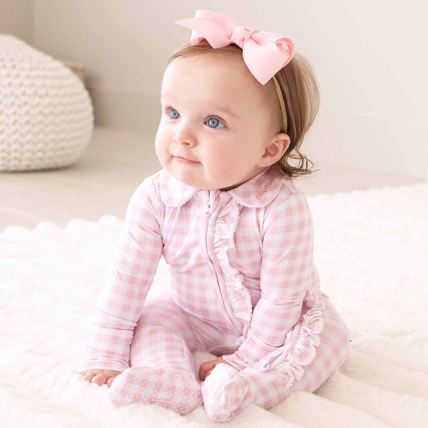Peter Pan Collar Ruffle Zipper Footie | Rosy Gingham: Rosy Gingham / Non-Personalized / 0-3 months
