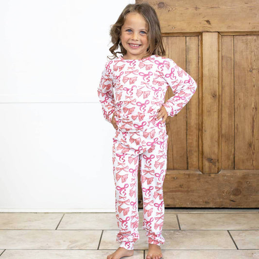 Kid's Sutton Bow Long Sleeve Pajamas   White/Pink   -Asst.: 2T
