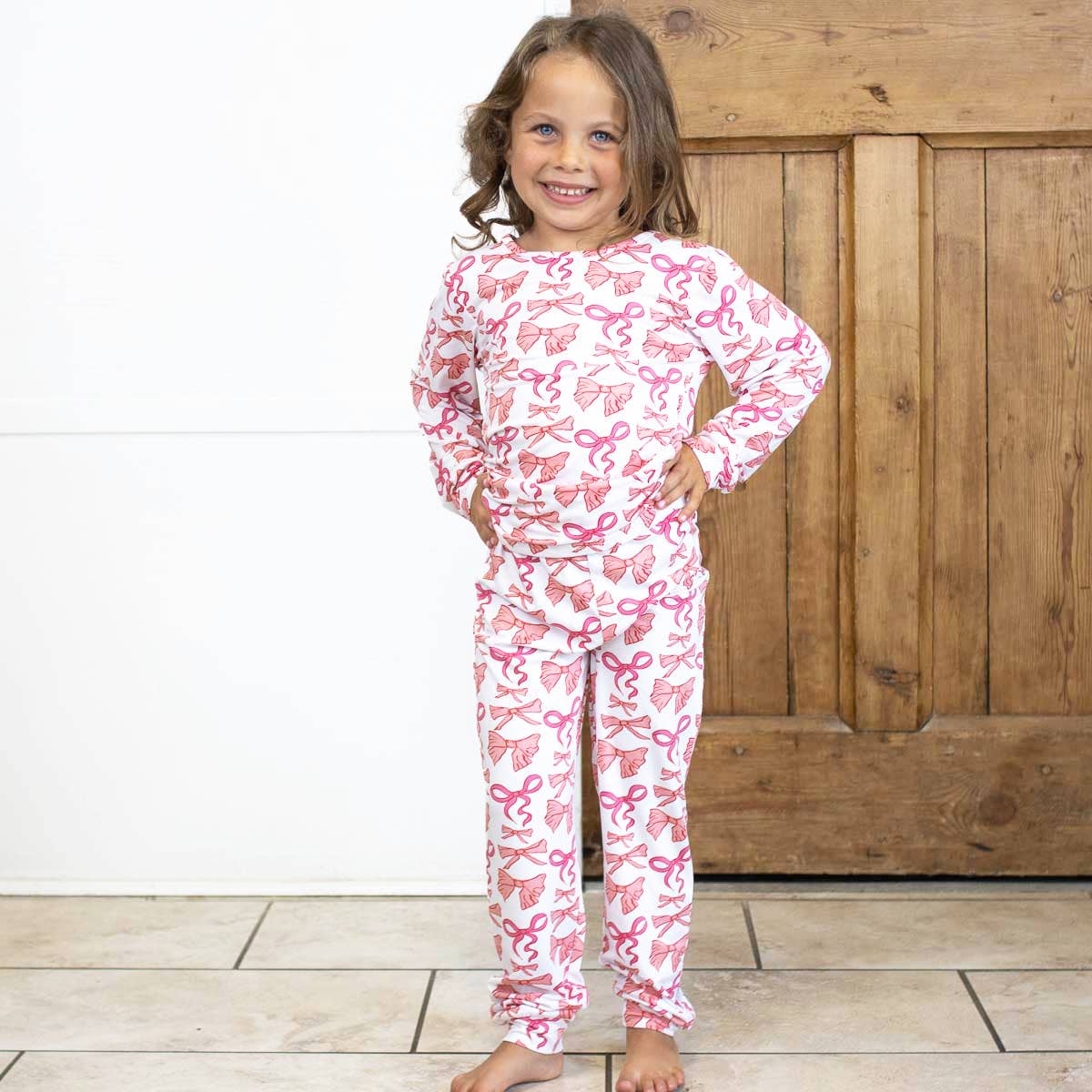 Kid's Sutton Bow Long Sleeve Pajamas   White/Pink   -Asst.: 4T