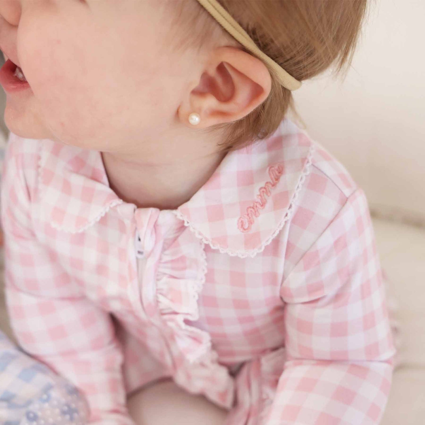 Peter Pan Collar Ruffle Zipper Footie: Rosy Gingham / Non-Personalized / 0-3 months